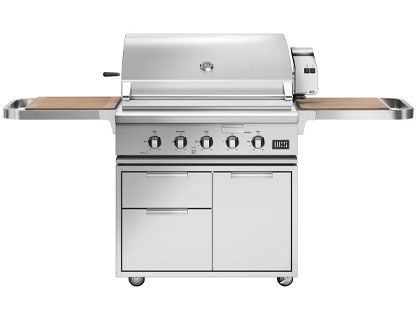 DCS Series 7 36-Inch Gas Grill with Rotisserie on CAD Cart with Cutting Board Side Shelves