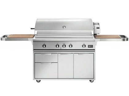 DCS Series 7 48-Inch Built-In Gas Grill With Rotisserie & Infrared Burner on CAD Cart with Cutting Board Side Shelves