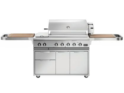 DCS Series 7 48-Inch Gas Grill With Double Side Burner & Rotisserie On CAD Cart with Cutting Board Side Shelves