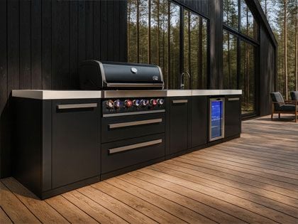 Mont Alpi 6-Burner 13-Foot Gas Grill Island with Beverage Center, Storage Module, Infrared Side Burner & Rotisserie Kit - Black Stainless Steel