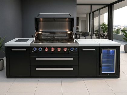 Mont Alpi 6-Burner 119-Inch Outdoor Cooking Station with Refrigerator, Infrared Side Burner & Rotisserie Kit - Black Stainless Steel