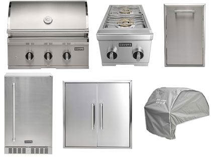 Coyote 6-Piece SL-Series 30-Inch 3-Burner Gas Grill Outdoor Kitchen Package With Ceramic Briquettes, Sear Burner, Infrared Rear Burner & Rotisserie Kit