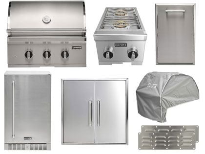 Coyote 8-Piece SL-Series 30-Inch 3-Burner Gas Grill Outdoor Kitchen Package With Ceramic Briquettes, Sear Burner, Infrared Rear Burner & Rotisserie Kit