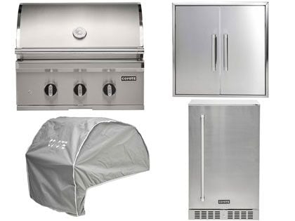 Coyote 4-Piece SL-Series 30-Inch 3-Burner Gas Grill Outdoor Kitchen Package With Ceramic Briquettes, Sear Burner, Infrared Rear Burner & Rotisserie Kit