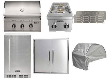 Coyote 7-Piece SL-Series 30-Inch 3-Burner Gas Grill Outdoor Kitchen Package With Ceramic Briquettes, Sear Burner, Infrared Rear Burner & Rotisserie Kit