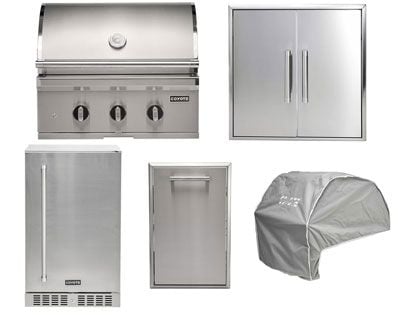 Coyote 5-Piece SL-Series 30-Inch 3-Burner Gas Grill Outdoor Kitchen Package With Ceramic Briquettes, Sear Burner, Infrared Rear Burner & Rotisserie Kit
