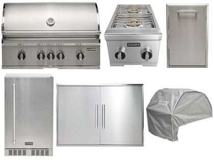 Coyote 6-Piece SL-Series 36-Inch 5-Burner Gas Grill Outdoor Kitchen Package With Ceramic Briquettes, Sear Burner, Infrared Rear Burner & Rotisserie Kit