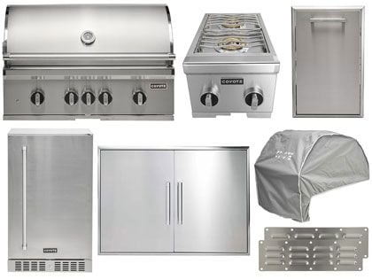 Coyote 8-Piece SL-Series 36-Inch 5-Burner Gas Grill Outdoor Kitchen Package With Ceramic Briquettes, Sear Burner, Infrared Rear Burner & Rotisserie Kit