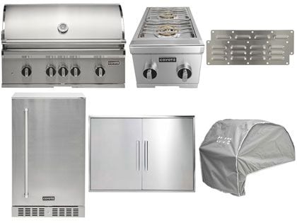 Coyote 7-Piece SL-Series 36-Inch 5-Burner Gas Grill Outdoor Kitchen Package With Ceramic Briquettes, Sear Burner, Infrared Rear Burner & Rotisserie Kit