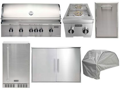 Coyote 6-Piece SL-Series 42-Inch 6-Burner Gas Grill Outdoor Kitchen Package With Ceramic Briquettes, Sear Burner, Infrared Rear Burner & Rotisserie Kit
