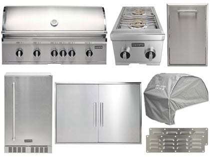 Coyote 8-Piece SL-Series 42-Inch 6-Burner Gas Grill Outdoor Kitchen Package With Ceramic Briquettes, Sear Burner, Infrared Rear Burner & Rotisserie Kit