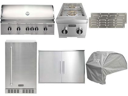 Coyote 7-Piece SL-Series 42-Inch 6-Burner Gas Grill Outdoor Kitchen Package With Ceramic Briquettes, Sear Burner, Infrared Rear Burner & Rotisserie Kit