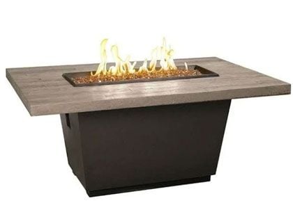 American Fyre Designs 54-Inch Reclaimed Wood Cosmopolitan Rectangle Firetable with Black Lava Base and Silver Pine Table Top with FyreStarter Ignition System