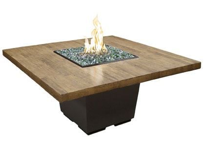 American Fyre Designs 60-Inch Reclaimed Wood Cosmopolitan Square Dining Firetable with Black Lava Base and French Barrel Oak Table Top with FyreStarter Ignition System