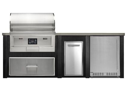 Haven 8 Ft. Outdoor Kitchen Island w/ Coyote 36-Inch Pellet Grill, Single Storage Drawer, Trash Center &24-Inch Refrigerator - Brushed Black