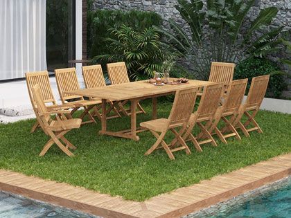 Devon 9-Piece Rectangular Teak Outdoor Family Dining Set with Extendable Table and Folding Chairs