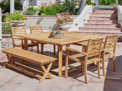 Hamilton 7-Piece 62-Inch Square Teak Outdoor Dining Set with Picnic Benches and Stacking Armchairs