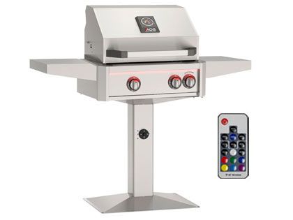 AOG L-Series 24-Inch 2-Burner Gas Grill With Rear IR Burner, Rotisserie Kit, Internal Lights & LED Multi-Color Lights on Patio Post Base