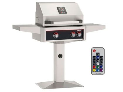 AOG L-Series 24-Inch 2-Burner Gas Grill With Rear IR Burner, Rotisserie Kit, Internal Lights & LED Multi-Color Lights on Patio Post Base - Black
