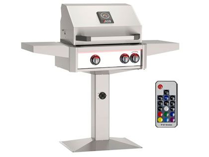 AOG L-Series 24-Inch 2-Burner Gas Grill With Rear IR Burner, Rotisserie Kit, Internal Lights & LED Multi-Color Lights on Patio Post Base - White