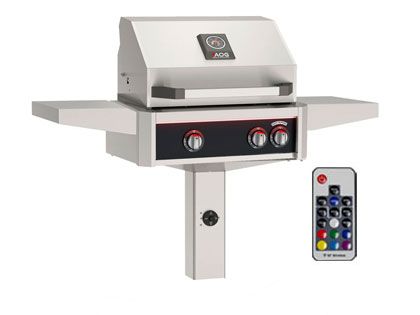 AOG L-Series 24-Inch 2-Burner Gas Grill With Rear IR Burner, Rotisserie Kit, Internal Lights & LED Multi-Color Lights on Accessible In-Ground Post Base (Includes Hood Side Handle) - Black