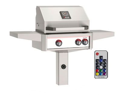 AOG L-Series 24-Inch 2-Burner Gas Grill With Rear IR Burner, Rotisserie Kit, Internal Lights & LED Multi-Color Lights on Accessible In-Ground Post Base (Includes Hood Side Handle) - White