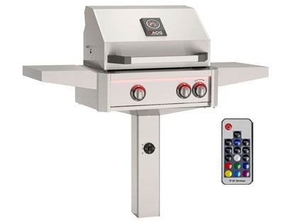 AOG L-Series 24-Inch 2-Burner Gas Grill With Rear IR Burner, Rotisserie Kit, Internal Lights & LED Multi-Color Lights on In-Ground Post Base