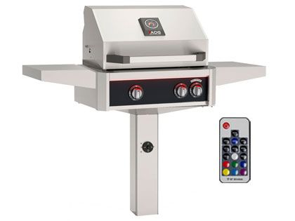 AOG L-Series 24-Inch 2-Burner Gas Grill With Rear IR Burner, Rotisserie Kit, Internal Lights & LED Multi-Color Lights on In-Ground Post Base - Black
