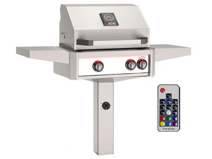 AOG L-Series 24-Inch 2-Burner Gas Grill With Rear IR Burner, Rotisserie Kit, Internal Lights & LED Multi-Color Lights on In-Ground Post Base - White