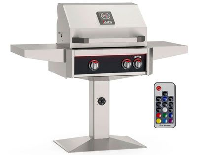 AOG L-Series 24-Inch 2-Burner Gas Grill With Rear IR Burner, Rotisserie Kit, Internal Lights & LED Multi-Color Lights on Accessible Patio Post Base (Includes Hood Side Handle) - Black