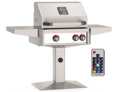 AOG L-Series 24-Inch 2-Burner Gas Grill With Rear IR Burner, Rotisserie Kit, Internal Lights & LED Multi-Color Lights on Accessible Patio Post Base (Includes Hood Side Handle) - White