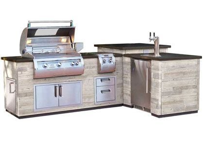 Fire Magic 9-Foot Ready-to-Assemble L-Shaped GFRC Pre-Fab BBQ Island System with Kegerator Cut-Out - Silver Pine