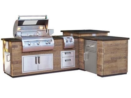 Fire Magic 9-Foot Ready-to-Assemble L-Shaped GFRC Pre-Fab BBQ Island System with Pantry Drawer Cut-Out - French Barrel Oak