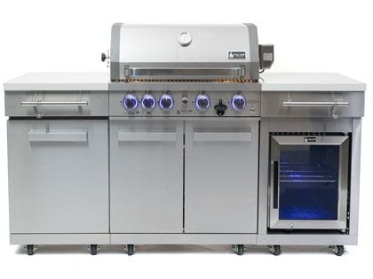 Mont Alpi 4-Burner 70-Inch Outdoor Gas Grill Station with Infrared Rear Burner, Rotisserie Kit & Refrigerator - Stainless Steel