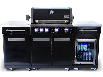 Mont Alpi 4-Burner 70-Inch Gas BBQ Grill Island with Infrared Rear Burner, Rotisserie Kit & Refrigerator - Black Stainless Steel