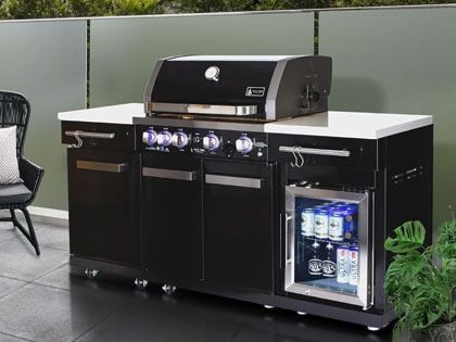 Mont Alpi 4-Burner 70-Inch Gas BBQ Grill Island with Infrared Rear Burner, Rotisserie Kit & Refrigerator - Black Stainless Steel