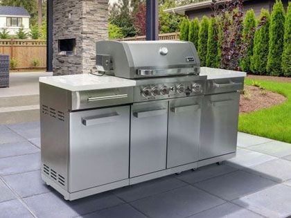 Mont Alpi 4-Burner 70-Inch Outdoor Gas Grill Island with Infrared Rear Burner & Rotisserie Kit - Stainless Steel