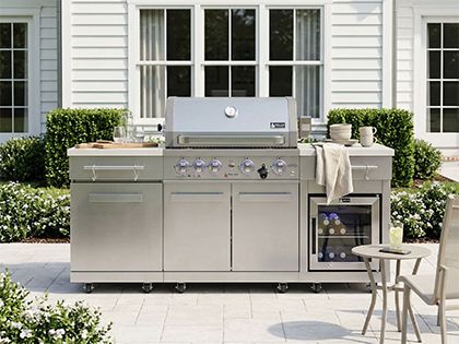 Mont Alpi 4-Burner 70-Inch Outdoor Gas Grill Station with Infrared Rear Burner, Rotisserie Kit & Refrigerator - Stainless Steel