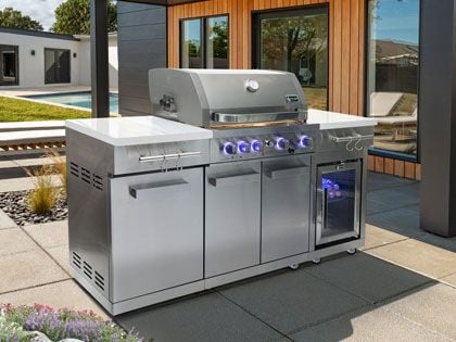 Mont Alpi 4-Burner 70-Inch Outdoor Gas Grill Station with Infrared Rear Burner, Rotisserie Kit & Refrigerator - Stainless Steel