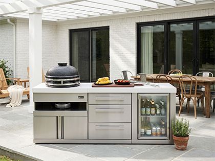 Mont Alpi 7-Foot Outdoor Universal 18-Inch Kamado Grill Island with Triple Drawers and Storage Cabinets- Stainless Steel