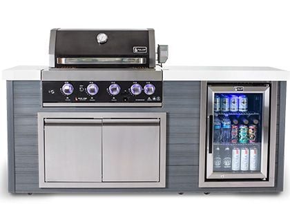 Mont Alpi 4-Burner 78.5-Inch ArtWood Gas Grill Island with Refrigerator, Infrared Rear Burner, and Rotisserie Kit - Black Stainless Steel