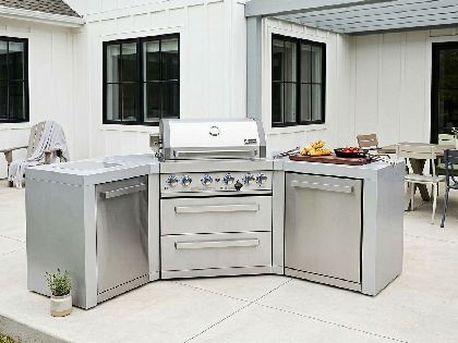 Mont Alpi 4-Burner 106-Inch Deluxe Gas Grill Island with 45-Degree Corners, Infrared Side & Rear Burner, and Rotisserie Kit - Stainless Steel