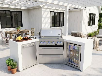 Mont Alpi 4-Burner 106-Inch Deluxe Gas Grill Island with 45-Degree Corners, Infrared Side & Rear Burner, Refrigerator, and Rotisserie Kit - Stainless Steel