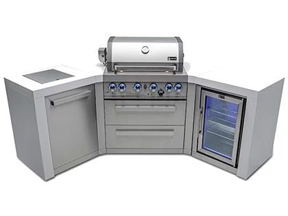 Mont Alpi 4-Burner 106-Inch Deluxe Gas Grill Island with 45-Degree Corners, Infrared Side & Rear Burner, Refrigerator, and Rotisserie Kit - Stainless Steel