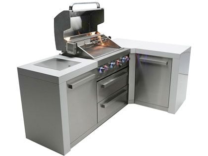 Mont Alpi 4-Burner 82" x 50" Deluxe Gas Grill Island with 90-Degree Corner, Infrared Side & Rear Burner, and Rotisserie Kit - Stainless Steel