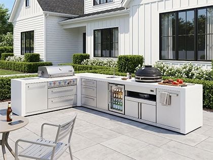 Mont Alpi 4-Burner 82" x 146" Deluxe Grill Island with 90-Degree Corner, Infrared Side & Rear Burners, Kamado Module, Beverage Center, Triple Drawers and Rotisserie Kit - Stainless Steel