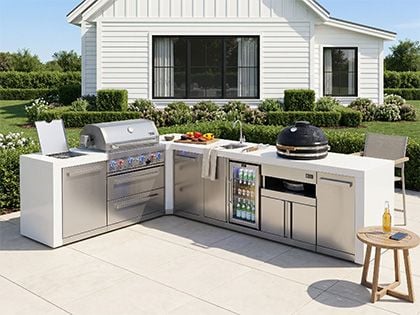 Mont Alpi 4-Burner 82" x 146" Deluxe Grill Island with 90-Degree Corner, Infrared Side & Rear Burners, Kamado Module, Beverage Center, Cabinet Module and Rotisserie Kit - Stainless Steel