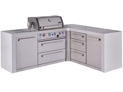 Mont Alpi 4-Burner 82" x 75" Deluxe Grill Island with 90-Degree Corner, Infrared Side & Rear Burners, Triple Drawers, Cabinet Modules and Rotisserie Kit - Stainless Steel