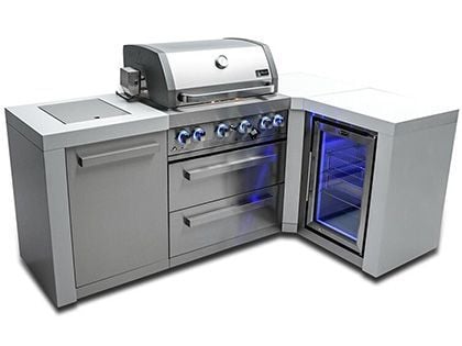 Mont Alpi 4-Burner 82" x 50" Deluxe Outdoor Grill Station with 90-Degree Corner, Infrared Side & Rear Burner, Fridge, and Rotisserie Kit - Stainless Steel