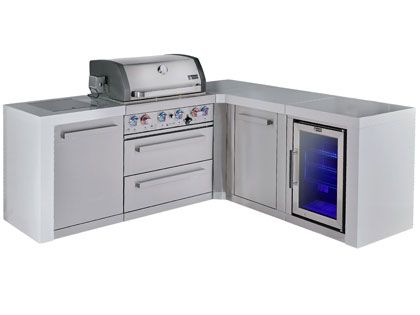 Mont Alpi 4-Burner 82" x 75" Deluxe Grill Island with 90-Degree Corner, Infrared Side & Rear Burners, Refrigerator, Cabinet Module and Rotisserie Kit - Stainless Steel